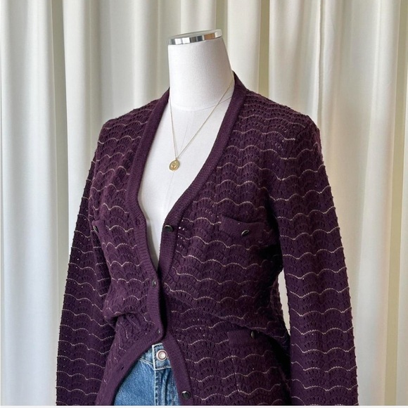 Saks Fifth Avenue Cashmere Wool Blend Cardigan Pointelle Knit Scalloped Large. - Picture 2 of 12